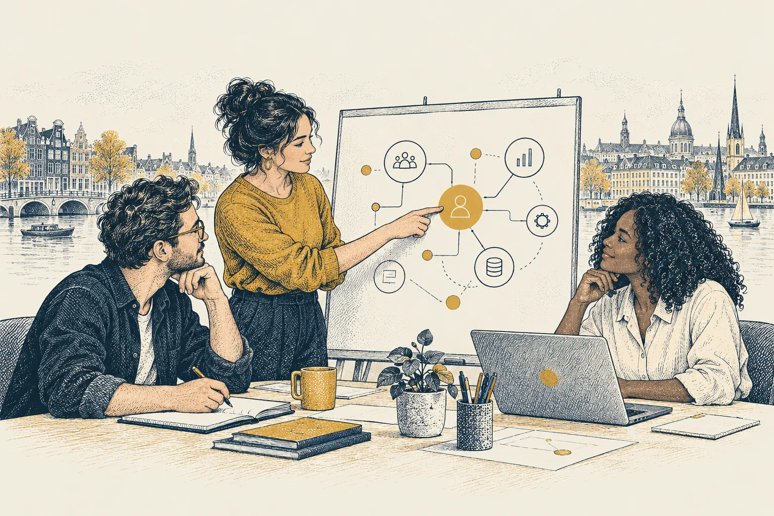 Illustration of a consultancy team collaborating on connected sales and CRM processes against a European city backdrop.