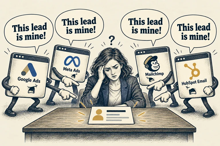 Illustration: Personified Google Ads, Meta Ads, Mailchimp and HubSpot Email each say “This lead is mine!” while a puzzled marketer tries to identify the true source.