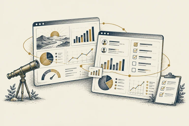 Illustration: Overlapping dashboards mix strategic reporting with daily sales tasks.