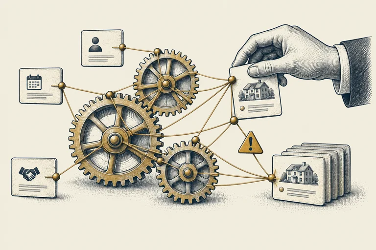 Illustration: Moving one property card pulls on interconnected workflows and tasks.