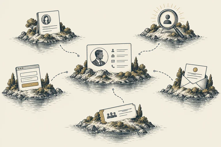 Illustration: Separate acquisition channels have broken paths to a central CRM record.
