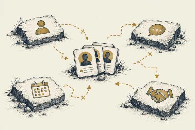 Illustration: Contact cards sit between disconnected lifecycle stages.