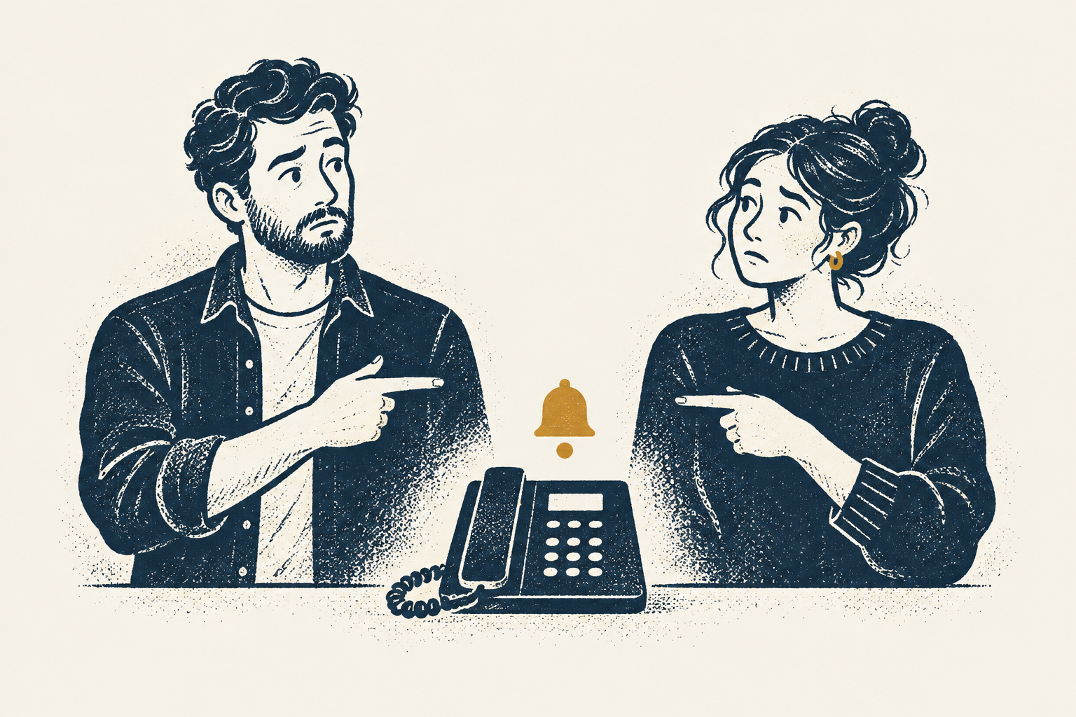 Two colleagues pointing to each other while a customer waits for a reply