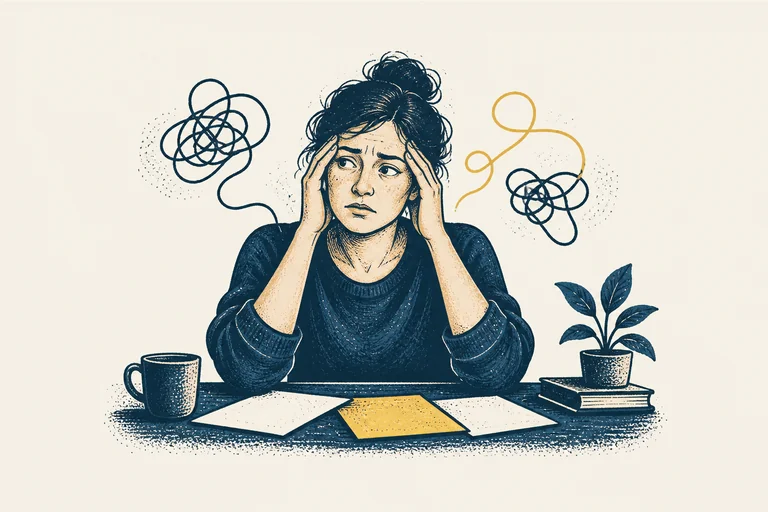 An overwhelmed business owner surrounded by loose papers and tangled thoughts