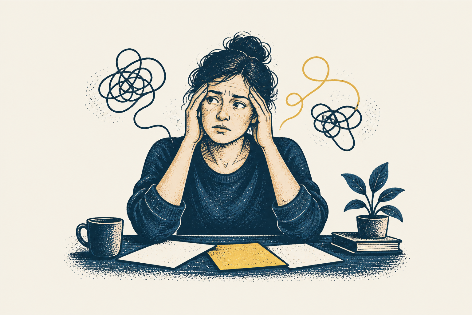 An overwhelmed business owner surrounded by loose papers and tangled thoughts