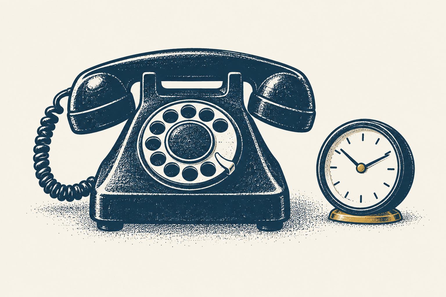 A quiet desk phone beside a clock